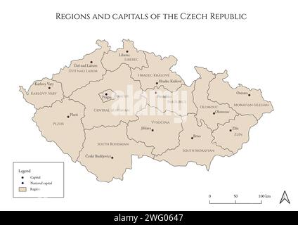 Mappa politica delle regioni e delle capitali della Repubblica Ceca - mappata in stile antico e rustico Foto Stock