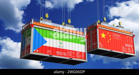 Container per spedizioni con bandiere della Guinea Equatoriale e della Cina - illustrazione 3D. Foto Stock