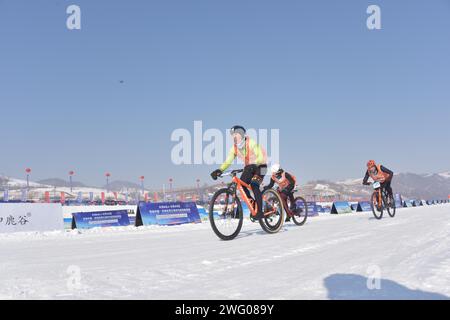 I piloti competono nella gara di pattinaggio durante la prima China Jilin Songhua River Ice Skating Marathon nella contea di Jingyu, Baishan City, nord-est del CH Foto Stock