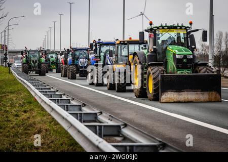 HAZELDONK - gli agricoltori olandesi e belgi bloccano il passaggio di frontiera tra i Paesi Bassi e il Belgio. Gli agricoltori stanno dimostrando contro le norme agricole che ritengono siano una concorrenza troppo rigida e sleale all'interno dei confini europei. ANP JEFFREY GROENEWEG netherlands Out - belgium Out Foto Stock