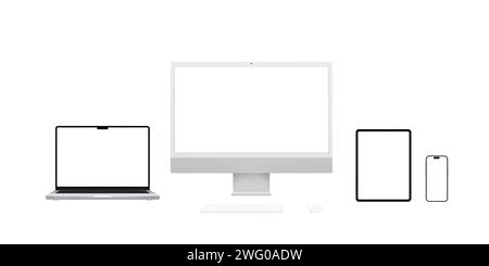 Moderni dispositivi informatici, tra cui display per computer, laptop, tablet e smartphone, mostrare diverse risoluzioni dello schermo per la presentazione di app o pagine web Foto Stock