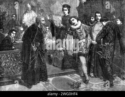 The Royal Academy Prize-painting, Trial Scene in "The Merchant of Venice", di A. B. Donaldson, 1862. Incisione di un dipinto. "La medaglia per la pittura storica è stata assegnata al signor Andrew Brown Donaldson... il punto esatto che l'artista sembra aver scelto è dove Bassanio, avendo offerto per Antonio "il doppio della somma", l'importo della cauzione (questo è indicato dai sacchi di denaro sul pavimento), cosa che l'ebreo rifiuta inesorabilmente, Portia procede a giudicare... l'aspetto ansioso e maligno di Shylock mentre afferra il coltello e brandisce le squame mostrerebbe che lui Foto Stock