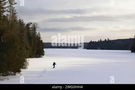 Sciatori solitari che attraversano un ampio lago ghiacciato nella Papineau Labelle Reserve, Quebec, Canada. Foto Stock