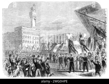 Dimostrazione dei mestieri a Firenze contro il potere temporale del Papa, 1862. Incisione da uno schizzo di M. Mariani. [Vista di]...una dimostrazione in risposta all'ultima dichiarazione del Cardinale Antonelli, sostenendo... che "l'Italia non è ostile al potere temporale del Papa"....ogni gruppo di artigiani è stato preceduto dallo striscione della sua corporazione ornato con foglie di alloro, e ravvivati rispettivamente da una varietà di cartelli... come "Viva Roma libera, capitale d'ltalia!" "Abbasso il Papa Re!" (Abbasso il Papa-Re!) "Viva l'ltalia una!" &amp;c.. Foto Stock