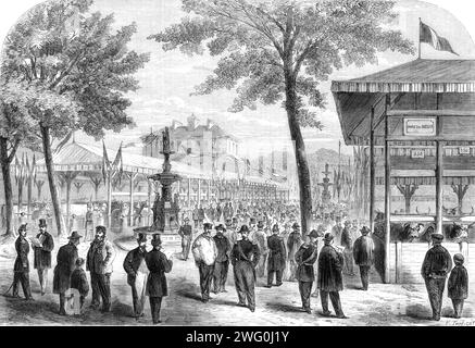 The International Cattle Show at Poissy, [nord della Francia], 1862. "Attualmente la città è semplicemente notevole per il suo mercato del bestiame, che si tiene ogni giovedì, e arreda, insieme a Sceaux, quasi tutte le forniture di carne a Parigi. I giorni di entrambi sono, tuttavia, numerati, e saranno presto trasferiti più vicino alla capitale, in un luogo chiamato la Villette, che sarà molto più conveniente per i macellai e più favorevole alla popolarità dei futuri spettacoli internazionali del bestiame... i nostri espositori inglesi erano molto allarmati all'inizio dell'incontro da una voce che è arrivata all'estero Foto Stock