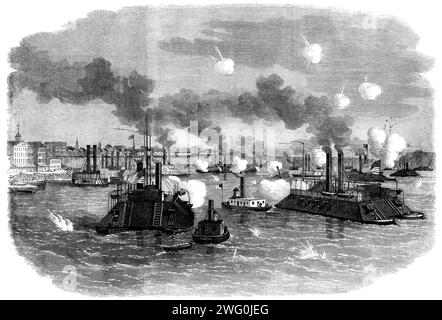 The Civil War in America: Destruction of the Confederate Flotilla off Memphis - da uno schizzo del nostro artista speciale, 1862. Memphis, il focolaio della Secessione, è caduto... we...came in piena vista della flotta confederata, otto in numero, schierati in linea oltre il fiume per contestare i nostri progressi... il generale Bragg ora si avvicinò all'assistenza del Beauregard e colpì la Regina d'Occidente sul suo palo di porto, schiacciandolo, ma a sua volta ha ottenuto un enorme affitto nella sua prua portuale... l'altro ariete federale, il monarca, si è abbassato verso il generale Lovell, e, colpendo lei amidships...in tre minuti Foto Stock