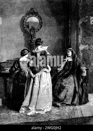 "Music" di A. B. Clay, dalla mostra della Royal Academy, 1862. Incisione di un dipinto. "L'atteggiamento della testa e del collo della signora seduta a suonare un accompagnamento sull'armonium è molto descrittivo - ben osservato e graziosamente espresso. E lo stesso si può dire della signora anziana - la madre, forse, di una o di entrambe le giovani donne - che siede ad ascoltare con tanta compiacenza e a tenere il tempo con la mano, e pensando, forse, a molti ricordi teneri e dolci che la musica spesso ricorda con forza emozionante quando il cuore è sordo a tutto il resto. La musica non è mai stata così Foto Stock