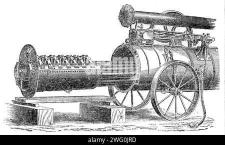 Esposizione Internazionale: Motore da dieci cavalli di Ransome e Sims con caldaia di Biddell e Balk, che mostra il metodo di ritiro dei tubi, 1862. Motore a vapore "...riempito con la caldaia brevettata di Biddell e Balk, costruita in modo tale da consentire la rimozione, la pulizia e la sostituzione della cassetta dei vigili del fuoco; o un nuovo set sostituito con quelli vecchi senza restituire il motore alla fabbrica... tra i grandi cambiamenti che hanno segnato il progresso dell'agricoltura britannica negli ultimi vent'anni, difficilmente uno è più notevole della prontezza con cui gli agricoltori hanno adottato la u Foto Stock