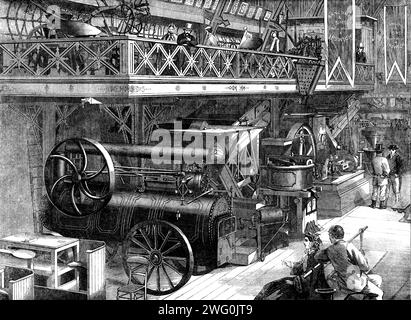 Esposizione internazionale: Macchine agricole di Ransome and Sims - da una fotografia della London Stereoscopic Company, 1862. "Tra i grandi cambiamenti che hanno segnato il progresso dell'agricoltura britannica negli ultimi vent'anni, a malapena uno è più notevole della prontezza con cui gli agricoltori hanno adottato gli usi dei macchinari... in questo commercio il nome che spicca più in evidenza... è quello di Ransome...[che ha] il più grande...[e] il più completo display di macchinari agricoli nella sezione... Un caso contenente l'oro, l'argento, e medaglie di bronzo assegnate a. Foto Stock