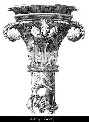 The International Exhibition: Capital and Portion of Shaft of column from the Hereford Screen, progettato da G. G. Scott, R.A., prodotto da Skidmore's Art-Manufacturers' Company, Coventry, 1862. "Questa opera... la più grandiosa e trionfante realizzazione dell'arte architettonica moderna... la più grande opera d'arte in metallo di cui abbiamo conoscenza... illustra in modo fitto la scena più gloriosa mai realizzata su questa terra: L'Ascensione di nostro Signore... Nell'ovale a cuspide al centro dell'opera, in piedi su un capitello rotondo dove il fiore della passione è disposto con particolare abilità, è sorto il Salvatore Foto Stock