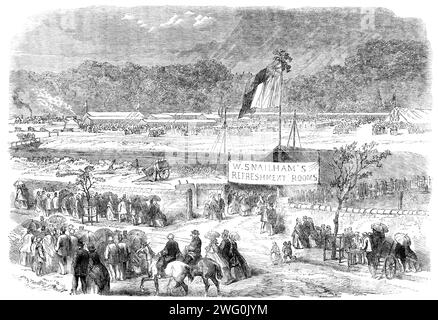 Preston Guild Festival: Meeting of the Royal North Lancashire Agricultural Society on the Holmsfield, Penwortham, 1862. "La pioggia ha rovinato tutto quello che altrimenti avrebbe avuto un incontro di maggior successo... coloro che conoscono Preston conosceranno la Holme su cui la società aveva piazzato la sua tenda. E' un appezzamento di terreno di pascolo con il Ribble. Circa trenta acri di questo furono incendiati, e la Horticultural and Fiorticultural Society ne ottenne una parte per il loro tendone... la partecipazione di mercoledì era relativamente piccola, e di giovedì era più piccola. Durante la notte Foto Stock