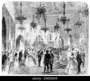 Soir&#xe9;e dato... dal Burgomaster e Consiglio comune di Bruxelles, all'Hotel de Ville, ai membri del Congresso di Scienze sociali - da uno schizzo del signor Hendrikx, 1862. "La scena...[in] la Salle Gothique al momento dell'ingresso del Duca e della Duchessa di Brabante e del Conte delle Fiandre, e la loro accoglienza da parte del Burgomaster. Il duca è la figura più importante nella foto; sua altezza reale e imperiale è appoggiata al suo braccio; il conte delle Fiandre sta seguendo, dirigendo una delle Dame di corte. I due principi erano vestiti con l'uniforme di un generale. La duchessa Foto Stock