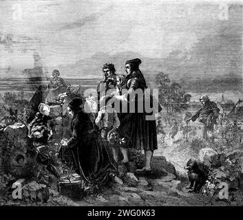 The International Exhibition: "The emigrants' Farewell" di Carl H&#xfc;bner, 1862. "Il numero di emigranti tedeschi che attraversano Liverpool - il porto di imbarco finale [verso l'America] a cui è destinata questa povera famiglia, come vediamo da un'etichetta su uno dei loro pacchetti - è spesso molto più grande di chiunque non conosca quella città sarebbe prontamente accreditato... sembrerebbe che a volte un villaggio sia mezzo spopolato in questo modo. Alcuni di questi meschini esodi sono rappresentati come in procinto di aver luogo nella foto... la famiglia... è venuta a dare un ultimo saluto al cimitero del villaggio, Foto Stock