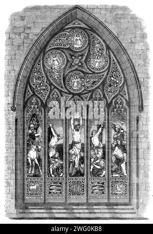 The International Exhibition: Vetrata di Messrs. J. Ballantine and Son, Edimburgo, 1862. "Questa finestra... ha per il suo soggetto la Crocifissione, ed è da erigere nella chiesa di Prestolee, nel Lancashire, come memoriale del defunto signor Thomas B. Crompton, di Farnworth... nel compartimento centrale si vede il corpo di Cristo inchiodato alla croce, intorno al piede del quale si è radunato un gruppo doloroso, tra cui la Vergine Maria e il discepolo Giovanni sono cospicui...[a] il diritto di questo pende il ladro pentito, il suo volto indossa nella morte un'espressione di calma rassegnata e speranzosa; e dentro Foto Stock