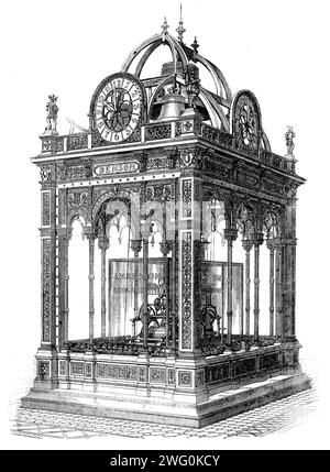 Esposizione Internazionale: Mr. Benson's Trophy, 1862. "La cassa ornamentale che sostiene le campane era di cartone pierre, rinforzato con colonne e travi di ferro... i quattro quadranti sono di ferro aperto, riempiti con piastrelle encaustiche di Minton di un blu brillante... il movimento di questo orologio, accanto a quello di Westminster, è il più grande del mondo, e in termini di qualità del materiale e finitura di lavorazione, è ineguagliabile... le tre ruote principali sono ciascuna da 2 piedi. Di diametro, e fuso nel...finissimo canna di fucile, i denti vengono successivamente tagliati da un motore fatto appositamente per questo scopo, il f Foto Stock