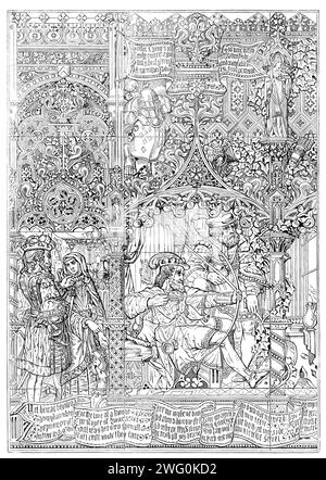 The International Exhibition: Vetrata dei signori Chance Brothers, di Birmingham: Robin Hood's Last Shot, 1862. Progettato da Sebastian Evans. "Robin, sorestricken con febbre, betook se stesso... alla Priora di Kirkleys per essere lasciato che il sangue... [lei] pensava adatto a sanguinare Robin a morte... [Robin chiese] Little John di dargli il suo arco e la sua freccia ... ordinando al piccolo John di seppellirlo ovunque trovi la freccia-" e subito dopo morì."...il momento scelto dall'artista è quello in cui Robin sta solo disegnando la sua ultima freccia, tutte le energie dell'uomo morente riunite u Foto Stock