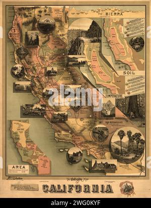 La mappa unica della California, 1888. Fu emesso nel 1888 dalla Southern Pacific Railroad Company e dal California State Board of Trade come parte di una campagna per promuovere i vantaggi economici, culturali e naturali della California come luogo in cui vivere e investire. La mappa copre l'intero stato, con infissi che mostrano la temperatura, il suolo, la superficie e le immagini panoramiche. Le precipitazioni annuali in pollici sono indicate da numeri cerchiati sulla mappa. Un inset in cima mostra una sezione trasversale delle montagne della Sierra Nevada e l'altitudine in piedi di alcune delle famose vette (le altezze differiscono da quelle Foto Stock