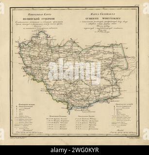 Mappa generale della Provincia di Volinia: Mostra le strade postali e principali, le stazioni e la distanza in Verst tra di esse, 1820. Questa mappa del 1820 di Volhynia Provinceis tratta da un'opera più ampia, Geograficheskii atlas Rossiiskoi imperii, tsarstva pol'skogo i velikogo kniazhestva Finliandskogo (atlante geografico dell'Impero russo, Regno di Polonia e Granducato di Finlandia), contenente 60 mappe dell'Impero russo. Compilato e inciso dal colonnello V.P. Piadyshev, riflette la mappatura dettagliata effettuata dai cartografi militari russi nel primo quarto del XIX secolo. Viene visualizzata la mappa Foto Stock