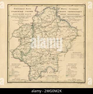 Mappa generale della provincia di Grodno e della regione di Belostok: Mostra le strade postali e principali, le stazioni e la distanza in Versts tra di loro, 1820. Questa mappa del 1820 della provincia di Grodno e della regione di Belostok proviene da un'opera più ampia, Geograficheskii atlas Rossiiskoi imperii, tsarstva pol'skogo i velikogo kniazhestva Finliandskogo (atlante geografico dell'Impero russo, del Regno di Polonia e del Granducato di Finlandia), contenente 60 mappe dell'Impero russo. Compilato e inciso dal colonnello V.P. Piadyshev, riflette la mappatura dettagliata effettuata dai cartografi militari russi nell'abete Foto Stock