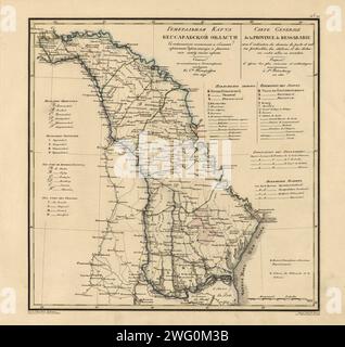 Mappa generale della Bessarabia: Mostra le strade postali e principali, le stazioni e la distanza in Verst tra di loro, 1821. Questa mappa della Bessarabia del 1821 proviene da un'opera più ampia, Geograficheskii atlas Rossiiskoi imperii, tsarstva pol'skogo i velikogo kniazhestva Finliandskogo (atlante geografico dell'Impero russo, del Regno di Polonia e del Granducato di Finlandia), contenente 60 mappe dell'Impero russo. Compilato e inciso dal colonnello V.P. Piadyshev, riflette la mappatura dettagliata effettuata dai cartografi militari russi nel primo quarto del XIX secolo. La mappa mostra la popolazione Foto Stock