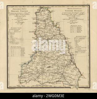 Mappa generale della provincia di Minsk: Mostra le strade postali e principali, le stazioni e la distanza in Versts tra di loro, 1821. Questa mappa del 1821 della provincia di Minsk è tratta da un'opera più grande, Geograficheskii atlas Rossiiskoi imperii, tsarstva pol'skogo i velikogo kniazhestva Finliandskogo (atlante geografico dell'Impero russo, del Regno di Polonia e del Granducato di Finlandia), contenente 60 mappe dell'Impero russo. Compilato e inciso dal colonnello V.P. Piadyshev, riflette la mappatura dettagliata effettuata dai cartografi militari russi nel primo quarto del XIX secolo. La mappa mostra popu Foto Stock