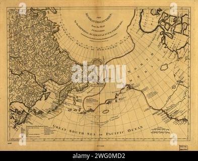 Le scoperte russe dalla mappa pubblicata dall'Accademia Imperiale di St. Pietroburgo, 1775. Questa mappa, che mostra la geografia conosciuta dell'Alaska alla fine del XVIII secolo, era basata su una mappa originale russa di Gerhard Friedrich Mu&#xa8;ller pubblicata nel 1754 dall'Accademia Imperiale di San Pietroburgo. La mappa fu stampata nel 1775 su Fleet Street a Londra da Robert Sayer, un noto venditore di mappe e stampe inglesi. Poiché il Pacifico settentrionale e l'Artico costituivano le ultime parti del mondo in gran parte sconosciute in quel momento, le prime mappe dell'Alaska erano popolari in Europa occidentale e furono spesso ristampate Foto Stock