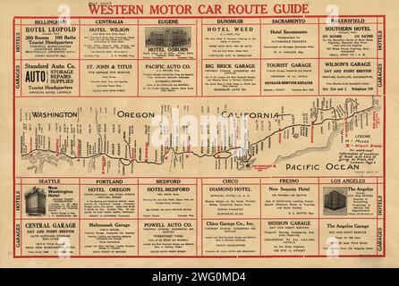 Guida al percorso in auto WESTERN, (1915?). Questa guida automobilistica mostra la strada principale tra Vancouver, Canada, e San Diego, California, intorno al 1915. La mappa elenca la distanza in miglia da Vancouver alle città lungo il percorso e le principali fermate intermedie, come Seattle, Portland, San Francisco (Oakland), Bakersfield, e Los Angeles. Le principali esposizioni civiche che si svolgono a San Francisco e San Diego nel 1915, che hanno stimolato significativi viaggi in auto quell'anno, sono note anche in rosso. Parti del percorso includono la Pacific Highway e la Segui Segme Foto Stock
