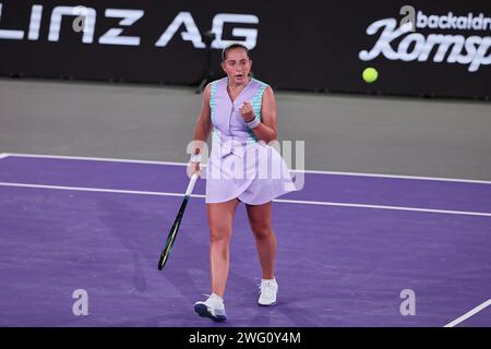 Linz, alta Austria, Austria. 2 febbraio 2024. Jelena Ostapenko (LAT) in azione durante l'alta Austria Ladies Linz - Womens Tennis, WTA500 (Credit Image: © Mathias Schulz/ZUMA Press Wire) SOLO USO EDITORIALE! Non per USO commerciale! Foto Stock