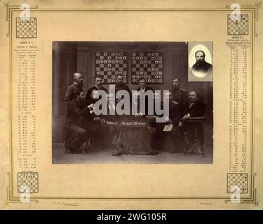 Membri del circolo scacchistico di Krasnoyarsk, partecipanti alla partita telegrafica tra le squadre di Krasnoyarsk e St. Pietroburgo dall’11 novembre 1886 al settembre 1888.. Questa collezione comprende più di quattrocento fotografie della vita quotidiana nella provincia di Yenisei nel tardo periodo zarista. Le fotografie includono contadini, cosacchi e funzionari di alto rango. Foto Stock