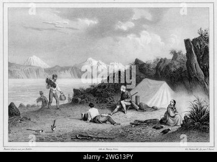 Vista dell'entrata alla Baia di Avacha, presa dall'Isola di Starichkov, XIX secolo. Una delle 65 litografie che furono incluse nel volume delle mappe pubblicate dopo il viaggio intorno al mondo della corvetta Seniavin commissionata dallo zar Nicola i e effettuata nel 1826-29 sotto il comando del capitano Fedor Litke (la versione russa del nome del conte Friedrich Lu&#xa8;tke, un tedesco Baltico). La spedizione iniziò a Kronstadt (la principale base navale imperiale russa nei pressi di San Pietroburgo, dove le circumnavigazioni russe tipicamente cominciarono e terminarono); poi viaggiò intorno a Capo Horn fino all'Oce del Pacifico Foto Stock