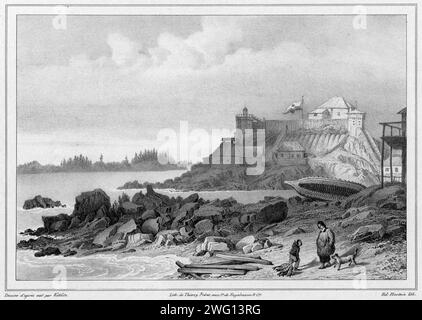 Insediamento di Novo-Arkhangell'sk (isola di Sitka), costa nordoccidentale dell'America, XIX secolo. Una delle 65 litografie che furono incluse nel volume delle mappe pubblicate dopo il viaggio intorno al mondo della corvetta Seniavin commissionata dallo zar Nicola i e effettuata nel 1826-29 sotto il comando del capitano Fedor Litke (la versione russa del nome del conte Friedrich Lu&#xa8;tke, un tedesco Baltico). La spedizione iniziò a Kronstadt (la principale base navale imperiale russa nei pressi di San Pietroburgo, dove le circumnavigazioni russe tipicamente cominciarono e terminarono); poi viaggiò intorno a Capo Horn fino al P Foto Stock