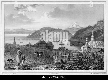 Vista del porto di San Pietro e San Paolo, Kamchatka, XIX secolo. Una delle 65 litografie che furono incluse nel volume delle mappe pubblicate dopo il viaggio intorno al mondo della corvetta Seniavin commissionata dallo zar Nicola i e effettuata nel 1826-29 sotto il comando del capitano Fedor Litke (la versione russa del nome del conte Friedrich Lu&#xa8;tke, un tedesco Baltico). La spedizione iniziò a Kronstadt (la principale base navale imperiale russa nei pressi di San Pietroburgo, dove le circumnavigazioni russe tipicamente cominciarono e terminarono); poi viaggiò intorno a Capo Horn fino all'Oceano Pacifico. Questa voya Foto Stock