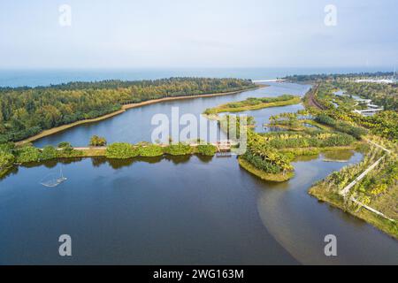 Haikou. 1 febbraio 2024. Una foto aerea con un drone scattata il 1° febbraio 2024 mostra il paesaggio nella zona umida del fiume Daomeng a Haikou, nella provincia di Hainan nella Cina meridionale. Haikou è stata accreditata dalla Convenzione di Ramsar come città internazionale delle zone umide nel 2018. Negli ultimi anni, la città ha rafforzato la conservazione e il restauro delle zone umide. Con l'attuazione di varie misure, i benefici ecologici, economici e sociali derivanti dalla costruzione di una città internazionale delle zone umide sono diventati sempre più importanti. Credito: PU Xiaoxu/Xinhua/Alamy Live News Foto Stock