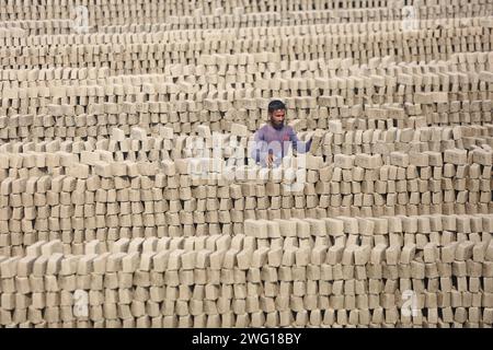 I lavoratori lavorano in un brickyard il 2 febbraio 2024 a Dacca, Bangladesh. Il Bangladesh attraversa una rapida urbanizzazione. La rapida urbanizzazione genera una domanda massiccia di mattoni, in quanto è uno degli ingredienti chiave per costruire strutture in cemento. Per rispondere a questa crescente esigenza, il numero dei campi di produzione di mattoni è aumentato a un ritmo allarmante in Bangladesh. La maggior parte di essi avviene in terreni agricoli che causano una riduzione della produzione agricola, e la combustione del carbone provoca enormi emissioni di CO2 di carbonio-di-ossido, che è principalmente responsabile del cambiamento climatico. Dhaka Dhaka Distretto di Bangla Foto Stock