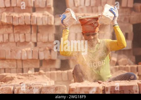 I lavoratori lavorano in un brickyard il 2 febbraio 2024 a Dacca, Bangladesh. Il Bangladesh attraversa una rapida urbanizzazione. La rapida urbanizzazione genera una domanda massiccia di mattoni, in quanto è uno degli ingredienti chiave per costruire strutture in cemento. Per rispondere a questa crescente esigenza, il numero dei campi di produzione di mattoni è aumentato a un ritmo allarmante in Bangladesh. La maggior parte di essi avviene in terreni agricoli che causano una riduzione della produzione agricola, e la combustione del carbone provoca enormi emissioni di CO2 di carbonio-di-ossido, che è principalmente responsabile del cambiamento climatico. Dhaka Dhaka Distretto di Bangla Foto Stock