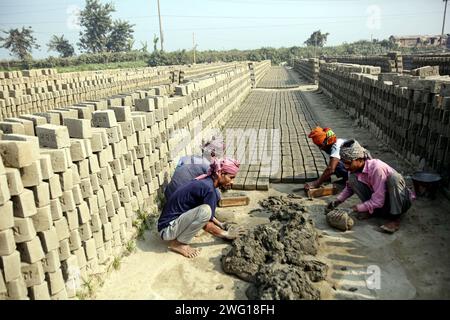 I lavoratori lavorano in un brickyard il 2 febbraio 2024 a Dacca, Bangladesh. Il Bangladesh attraversa una rapida urbanizzazione. La rapida urbanizzazione genera una domanda massiccia di mattoni, in quanto è uno degli ingredienti chiave per costruire strutture in cemento. Per rispondere a questa crescente esigenza, il numero dei campi di produzione di mattoni è aumentato a un ritmo allarmante in Bangladesh. La maggior parte di essi avviene in terreni agricoli che causano una riduzione della produzione agricola, e la combustione del carbone provoca enormi emissioni di CO2 di carbonio-di-ossido, che è principalmente responsabile del cambiamento climatico. Dhaka Dhaka Distretto di Bangla Foto Stock