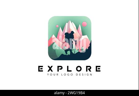 Adventure and Exploring Logo Design Concept, design del logo escursionistico con cime montuose illustrazione vettoriale. Illustrazione Vettoriale