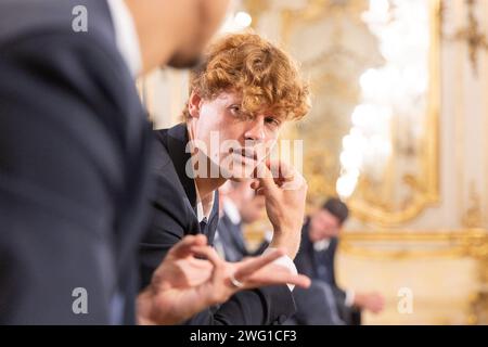 Roma, Italia. 1 febbraio 2024. Il tennista italiano Jannik Sinner, vincitore della Coppa Davis 2023 e degli Australian Open 2024, durante l'incontro con il Presidente della Repubblica Italiana Sergio Mattarella al Palazzo del Quirinale (Credit Image: © Matteo Nardone/Pacific Press via ZUMA Press Wire) SOLO USO EDITORIALE! Non per USO commerciale! Foto Stock