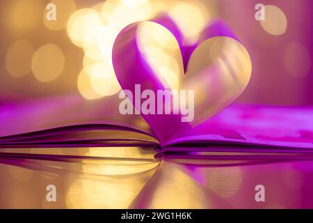 I primi piani adorano il design di coppia Valenstines. Pagine romantiche a forma di cuore perfette. Lo spazio copia in stile vintage illumina i riflessi. Bel febbraio Foto Stock