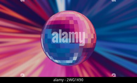 Animazione 3D con loop di palla da discoteca su sfondo nero, con colori brillanti per un effetto visivo accattivante Foto Stock