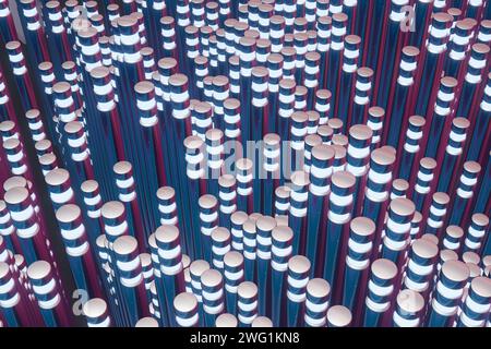 Un'immagine di sfondo 3D a loop astratto con un cilindro ondulato brillante su uno sfondo olografico, che offre un'esperienza visiva ipnotica. Foto Stock