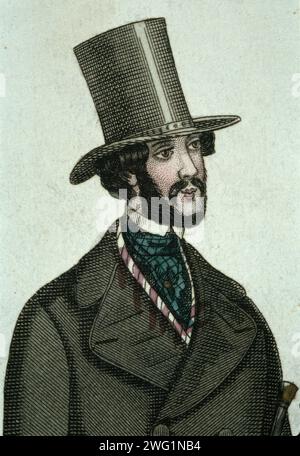 Uomo barbuto che indossa un cappello alto e un cappotto con revers larghi, 1843. Dettaglio del poster di moda nel ModeJournal di Stoccolma, agosto 1843. Foto Stock