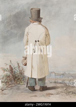 Uomo in costume con cappotto bianco, cappello e canna da zucchero, in piedi a tutta lunghezza, vista posteriore, 1810-1857. Foto Stock