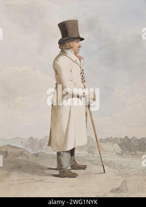 Abbigliamento - uomo in costume con cappotto bianco, cappello e figura intera in canna. Foto Stock