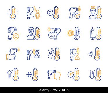 Icone della linea di temperatura. Termometro, controllo temperatura corporea, diagnostica febbre. Controllo del coronavirus. Vettore Illustrazione Vettoriale
