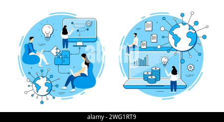 Set di icone vettoriali di e-commerce online. Strategia aziendale, risoluzione dei problemi. Icone delle metafore. Illustrazione Vettoriale