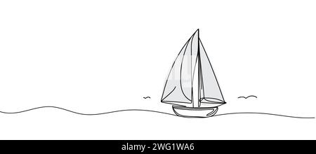 disegno continuo a una linea di una barca a vela. Illustrazione Vettoriale