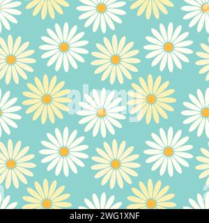 Questa immagine presenta un motivo a ripetizione con margherite gialle e bianche stilizzate su un morbido sfondo turchese, perfetto per tessuti o wallpa Illustrazione Vettoriale