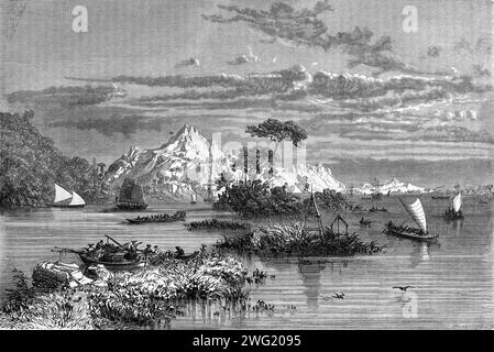 Baia di Chanthaburi, costa, costa e barche a coda lunga, Golfo di Thailandia o Golfo del Siam, Thailandia orientale. Incisione vintage o storica o illustrazione 1863 Foto Stock