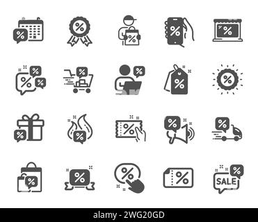 Icone degli sconti. Buono sconto, telefono con segno di percentuale, etichetta prezzo sconto. Vettore Illustrazione Vettoriale